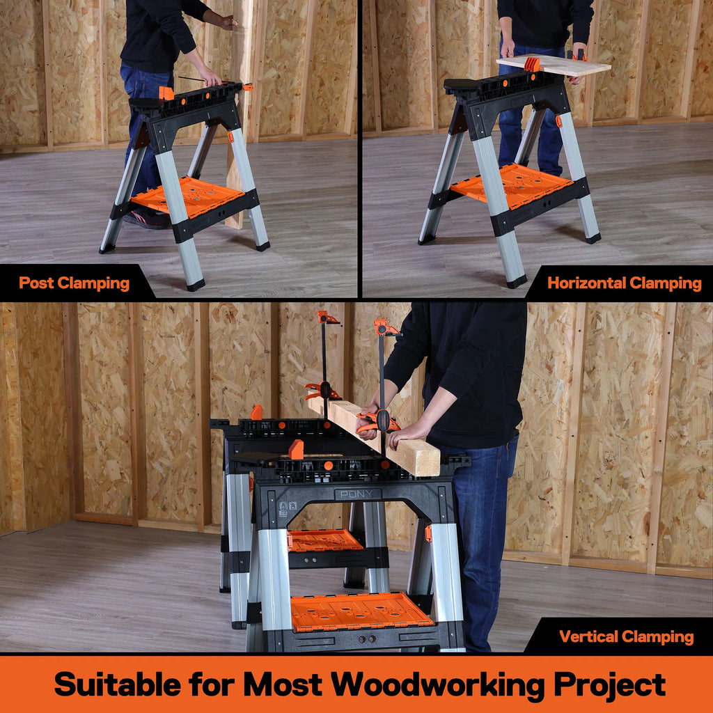 PONY 2-Pack Heavy Duty Folding Sawhorses with Clamps