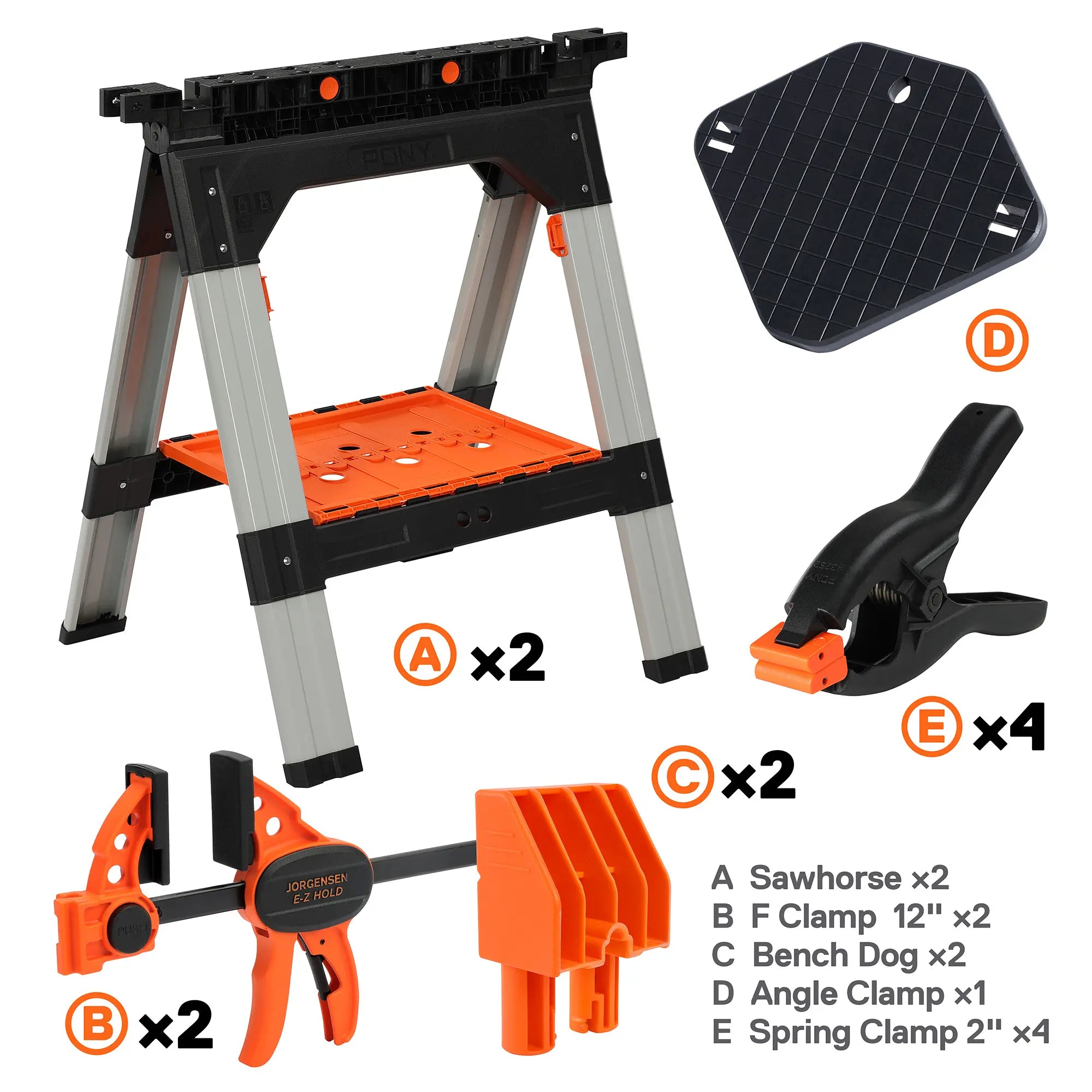 PONY 2-Pack Heavy Duty Folding Sawhorses with Clamps